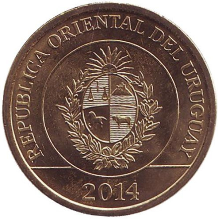 Монета 2 песо. 2014 год, Уругвай. Водосвинка (капибара). Монета 2 песо. 2014 год, Уругвай. Водосвинка (капибара).