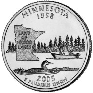 Монета 25 центов (P). 2005 год, США. Миннесота. Штат № 32. Монета 25 центов (P). 2005 год, США. Миннесота. Штат № 32.