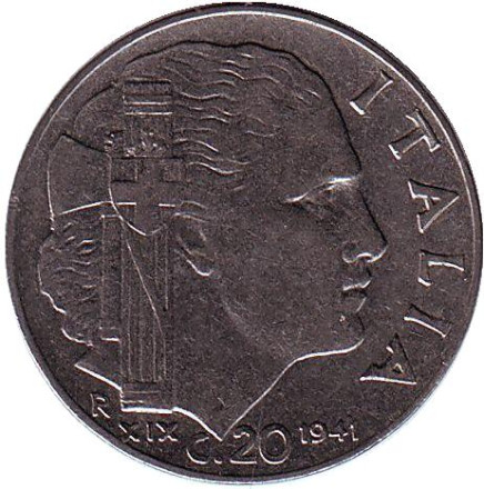 Монета 20 чентезимо. 1941 год, Италия. Виктор Эммануил III.