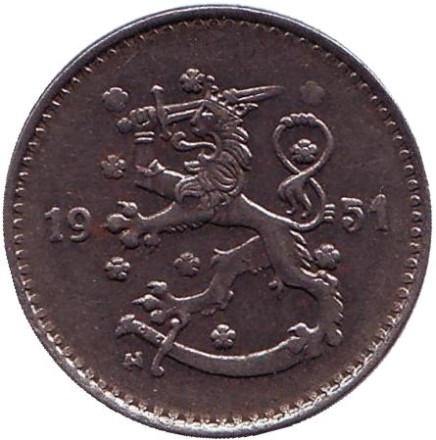 Монета 1 марка. 1951 год (железо), Финляндия.