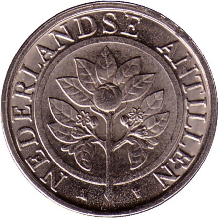 Монета 10 центов. 2014 год, Нидерландские Антильские острова. Цветок апельсинового дерева.