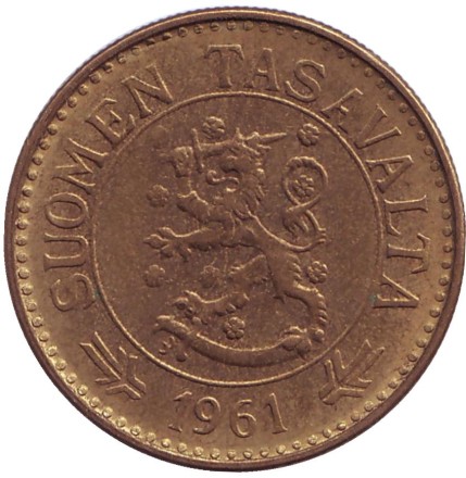 Монета 10 марок. 1961 год, Финляндия. (Тип 2. "Большая "1") Монета 10 марок. 1961 год, Финляндия. (Тип 2. "Большая "1")