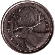 Монета 25 центов. 2003 год, Канада. Новый тип. (Двор - "P"). Канадский олень (Карибу). Монета 25 центов. 2003 год, Канада. Новый тип. (Двор - "P"). Канадский олень (Карибу).