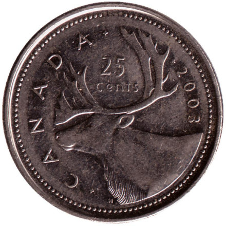 Монета 25 центов. 2003 год, Канада. Новый тип. (Двор - "P"). Канадский олень (Карибу).