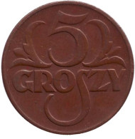Монета 5 грошей. 1939 год, Польша. Монета 5 грошей. 1939 год, Польша.