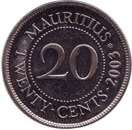 Монета 20 центов. 2003 год, Маврикий. Монета 20 центов. 2003 год, Маврикий.
