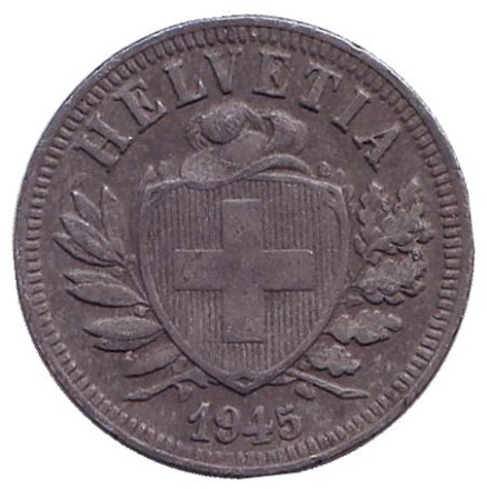 Монета 2 раппена. 1945 год, Швейцария. Монета 2 раппена. 1945 год, Швейцария.