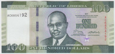 Банкнота 100 долларов. 2017 год, Либерия. Уильям Ричард Толберт.