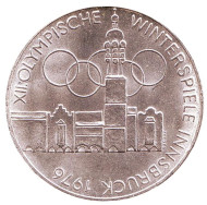 Монета 100 шиллингов. 1975 год, Австрия. XII зимние Олимпийские Игры. Инсбрук 1976. Здание и Олимпийская эмблема. (Отметка - орёл). BU. Монета 100 шиллингов. 1975 год, Австрия. XII зимние Олимпийские Игры. Инсбрук 1976. Здание и Олимпийская эмблема. (Отметка - орёл). BU.
