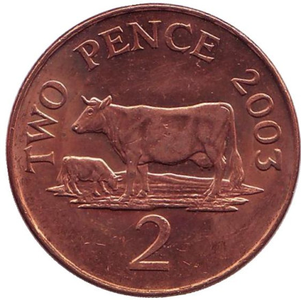 Монета 2 пенса. 2003 год, Гернси. Корова.