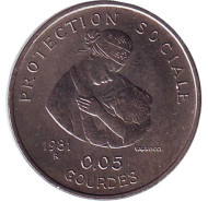 Монета 5 сантимов. 1981 год, Гаити. FAO. Женщина с ребёнком.