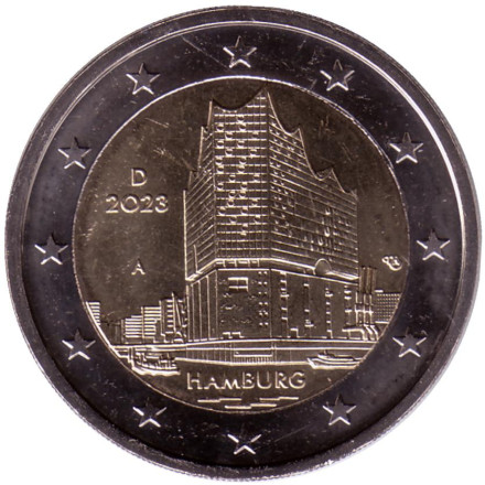 Монета 2 евро. 2023 год, Германия. Гамбург. (Эльбская филармония).