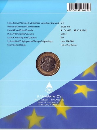 Монета 5 евро. 2006 год, Финляндия. Председательство Финляндии в ЕС.