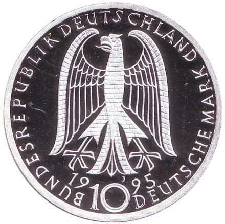Монета 10 марок. 1995 год, ФРГ. 50 лет в мире и согласии. Монета 10 марок. 1995 год, ФРГ. 50 лет в мире и согласии.