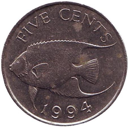 Монета 5 центов. 1994 год, Бермудские острова. Тропическая рыба (Ангел-королева).