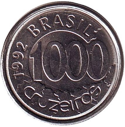 Монета 1000 крузейро. 1992 год, Бразилия. Рыба - Акара.