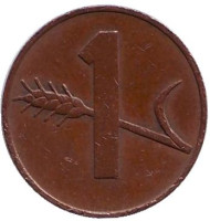 Монета 1 раппен. 1970 год, Швейцария. Монета 1 раппен. 1970 год, Швейцария.