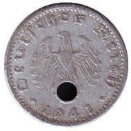 Монета 50 рейхспфеннигов. 1941 год, Германия (Третий Рейх). (D). Монета 50 рейхспфеннигов. 1941 год, Германия (Третий Рейх). (D).
