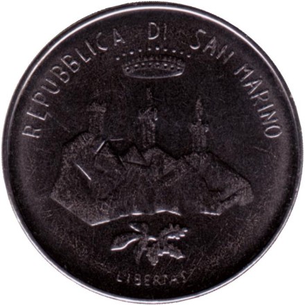 Монета 100 лир. 1986 год, Сан-Марино. Спутниковая связь.