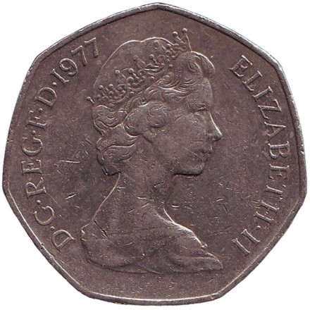 Монета 50 пенсов. 1977 год, Великобритания. Монета 50 пенсов. 1977 год, Великобритания.