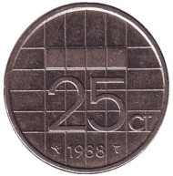 Монета 25 центов. 1988 год, Нидерланды. Монета 25 центов. 1988 год, Нидерланды.