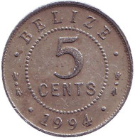 Монета 5 центов. 1994 год, Белиз. Монета 5 центов. 1994 год, Белиз.