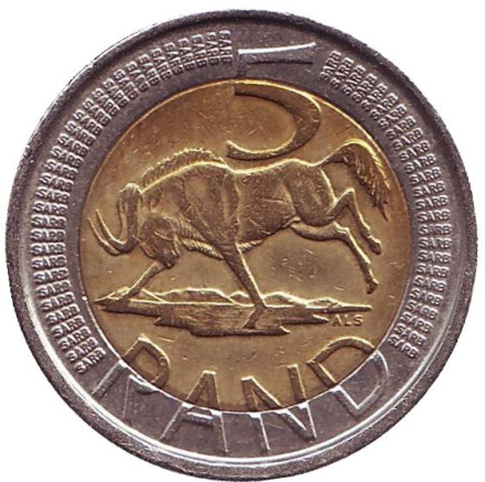 Монета 5 рандов. 2007 год, ЮАР. Антилопа гну.