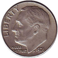 Монета 10 центов. 1976 (P) год, США. Рузвельт. Монета 10 центов. 1976 (P) год, США. Рузвельт.