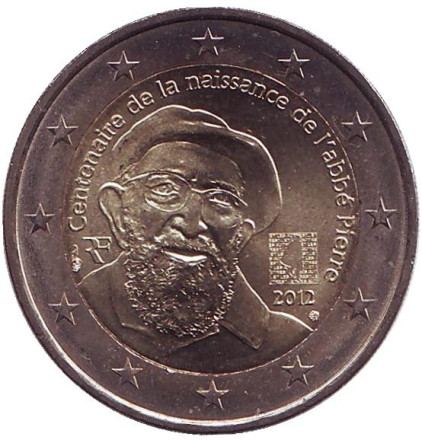 Монета 2 евро, 2012 год, Франция. 100 лет со дня рождения аббата Пьера.