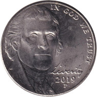 Монета 5 центов. 2019 год (P), США. Монтичелло. Монета 5 центов. 2019 год (P), США. Монтичелло.