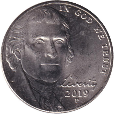 Монета 5 центов. 2019 год (P), США. Монтичелло.
