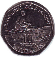 Монета 10 долларов, 2011 год, Гайана. Добыча золота.