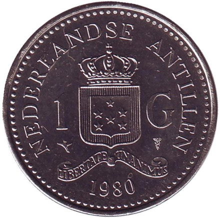 Монета 1 гульден. 1980 год, Нидерландские Антильские острова. aUNC. (Королева Беатрикс)