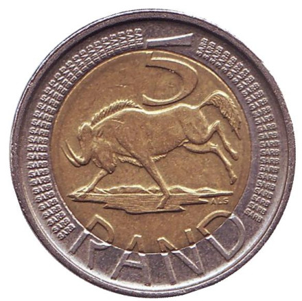 Монета 5 рандов. 2015 год, ЮАР. Антилопа гну.