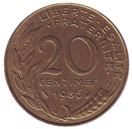 Монета 20 сантимов. 1986 год, Франция. Монета 20 сантимов. 1986 год, Франция.