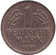 Монета 1 марка. 1959 год (G), ФРГ. Монета 1 марка. 1959 год (G), ФРГ.