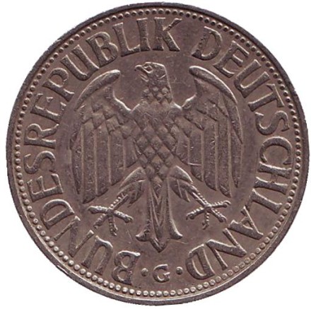 Монета 1 марка. 1959 год (G), ФРГ. Монета 1 марка. 1959 год (G), ФРГ.