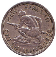 Монета 1 шиллинг. 1950 год, Новая Зеландия. Воин Маори. Монета 1 шиллинг. 1950 год, Новая Зеландия. Воин Маори.