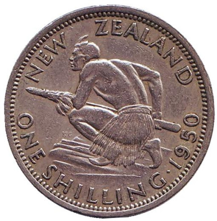 Монета 1 шиллинг. 1950 год, Новая Зеландия. Воин Маори.