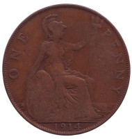 Монета 1 пенни. 1914 год, Великобритания. Монета 1 пенни. 1914 год, Великобритания.