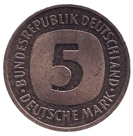 Монета 5 марок. 1991 год (G), ФРГ.