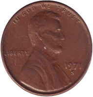 Монета 1 цент. 1971 год (S), США. Линкольн. Монета 1 цент. 1971 год (S), США. Линкольн.