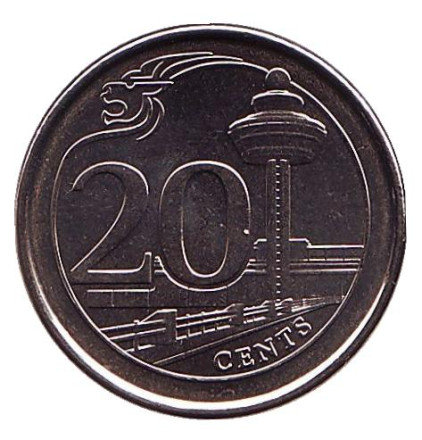 Монета 20 центов. 2018 год, Сингапур. Аэропорт Чанги.