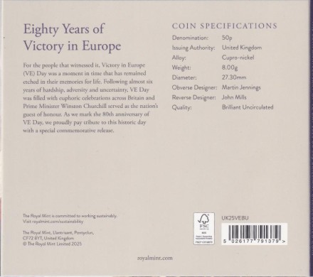 Монета 50 пенсов. 2025 год, Великобритания. 80-летие Дня победы в Европе. В буклете. Монета 50 пенсов. 2025 год, Великобритания. 80-летие Дня победы в Европе. В буклете.