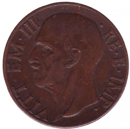 Монета 10 чентезимо. 1939 год, Италия. (Медь)