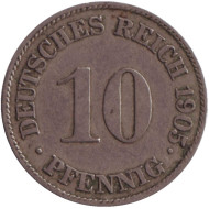 Монета 10 пфеннигов. 1905 год (J), Германская империя. Монета 10 пфеннигов. 1905 год (J), Германская империя.