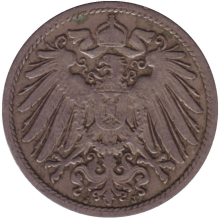 Монета 10 пфеннигов. 1905 год (J), Германская империя. Монета 10 пфеннигов. 1905 год (J), Германская империя.