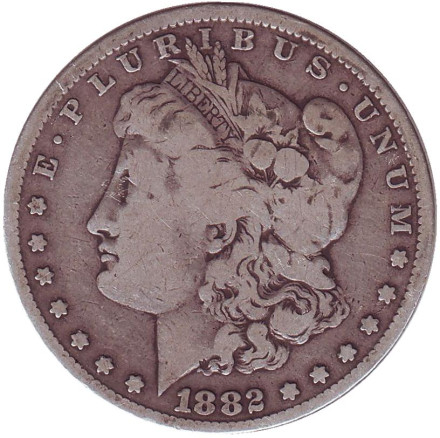 Монета 1 доллар. 1882 год, США. (Без отметки монетного двора) Моргановский доллар.