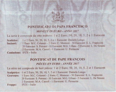 Годовой набор монет евро Ватикана в буклете. 2017 год, Ватикан. Годовой набор монет евро Ватикана в буклете. 2017 год, Ватикан.