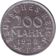 Монета 200 марок. 1923 год (F), Веймарская республика. Монета 200 марок. 1923 год (F), Веймарская республика.